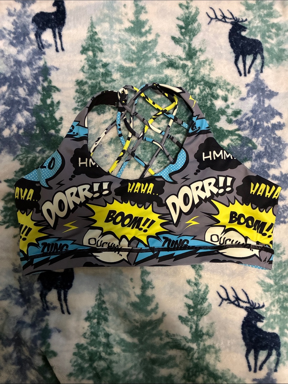 CVG Grey Comic-Print Sports Bra with Yellow & Blue Accents